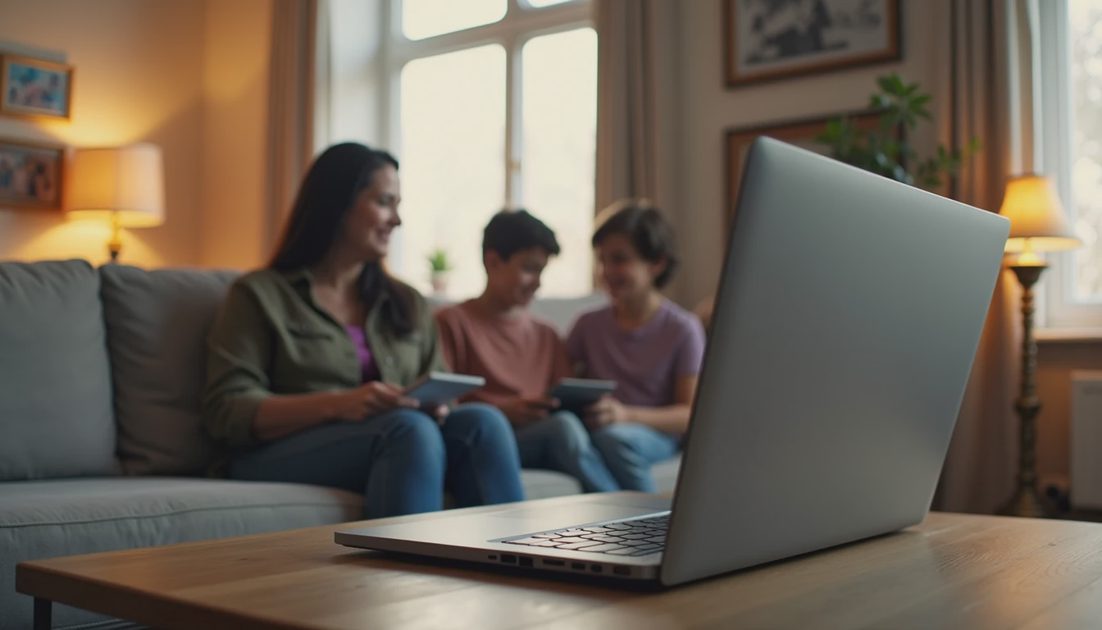 Laptop put away in corner while family spends evening together after remote work