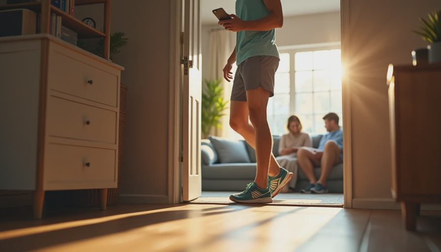 Returning from a run with phone still on the shelf and family in the background