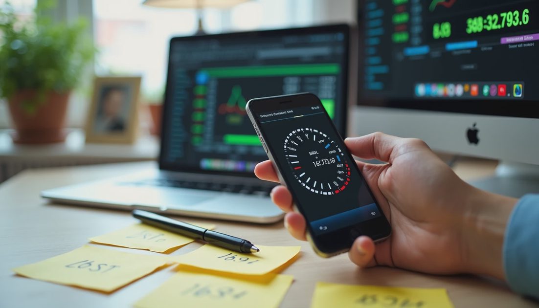 Speed test results and handwritten notes for home Wi-Fi troubleshooting