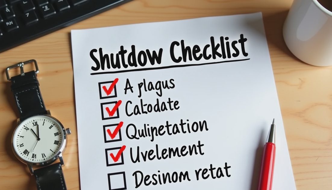 Handwritten 15-minute shutdown checklist with completed steps