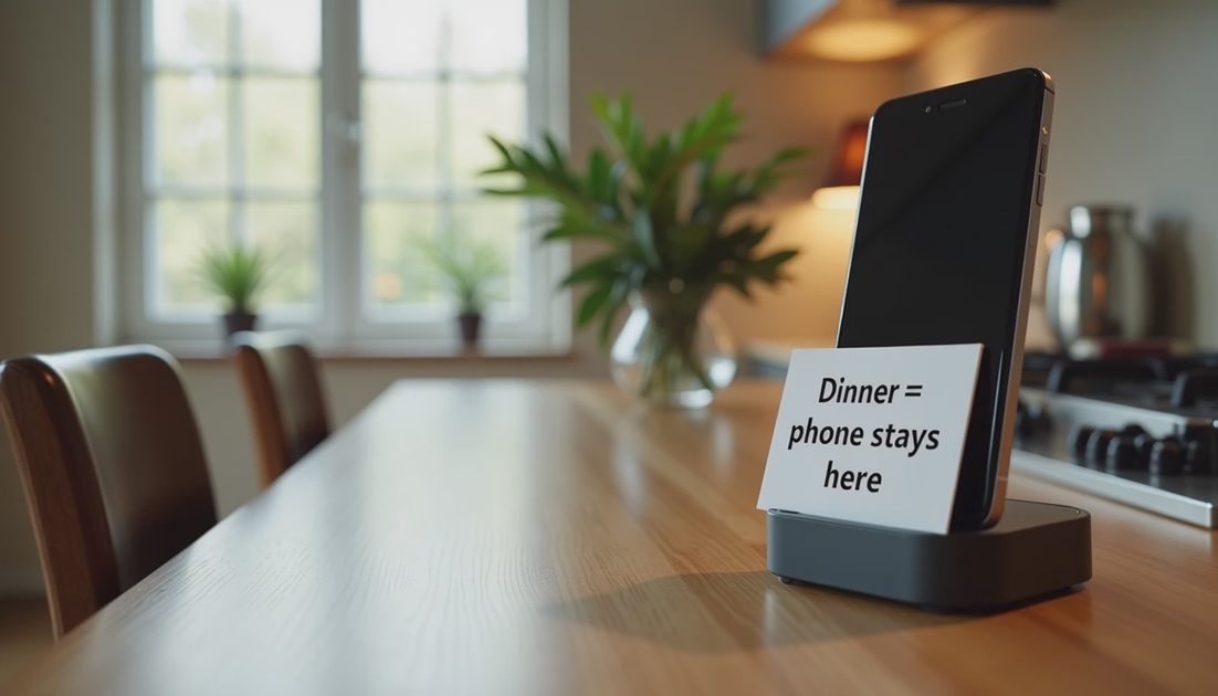 Phone on charging shelf outside dining area during family dinner