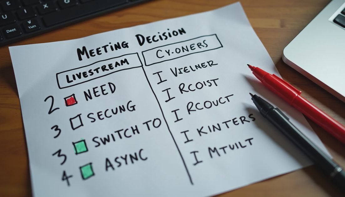 Handwritten table deciding live versus async meetings across time zones