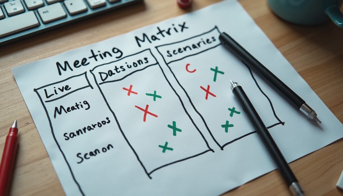 Handwritten decision guide for live versus async meetings across time zones
