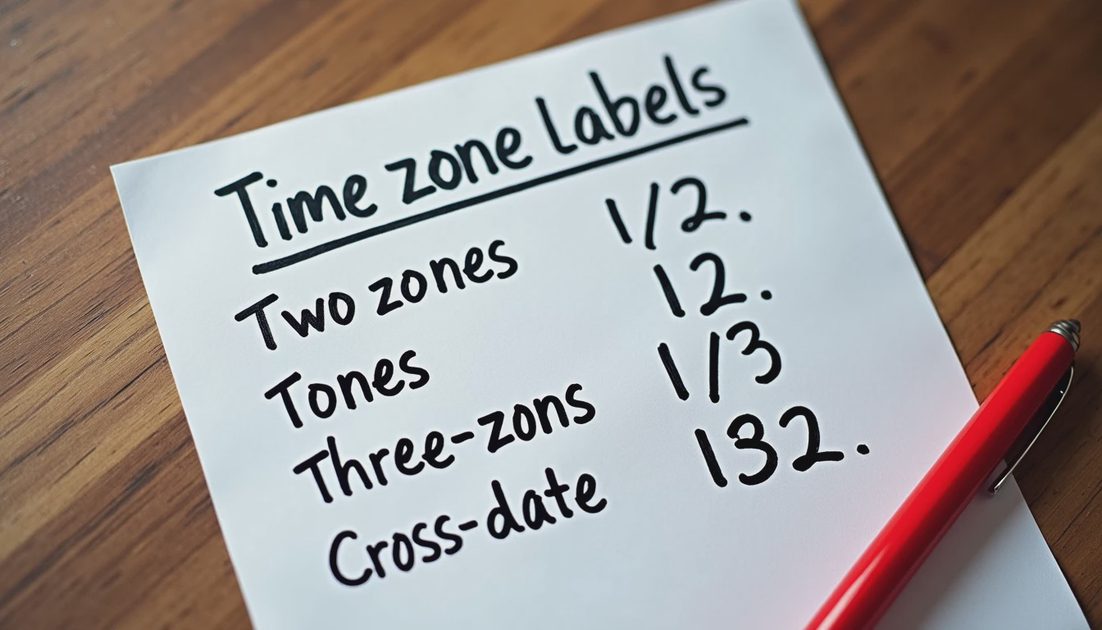 Handwritten examples of clear multi-time-zone meeting labels