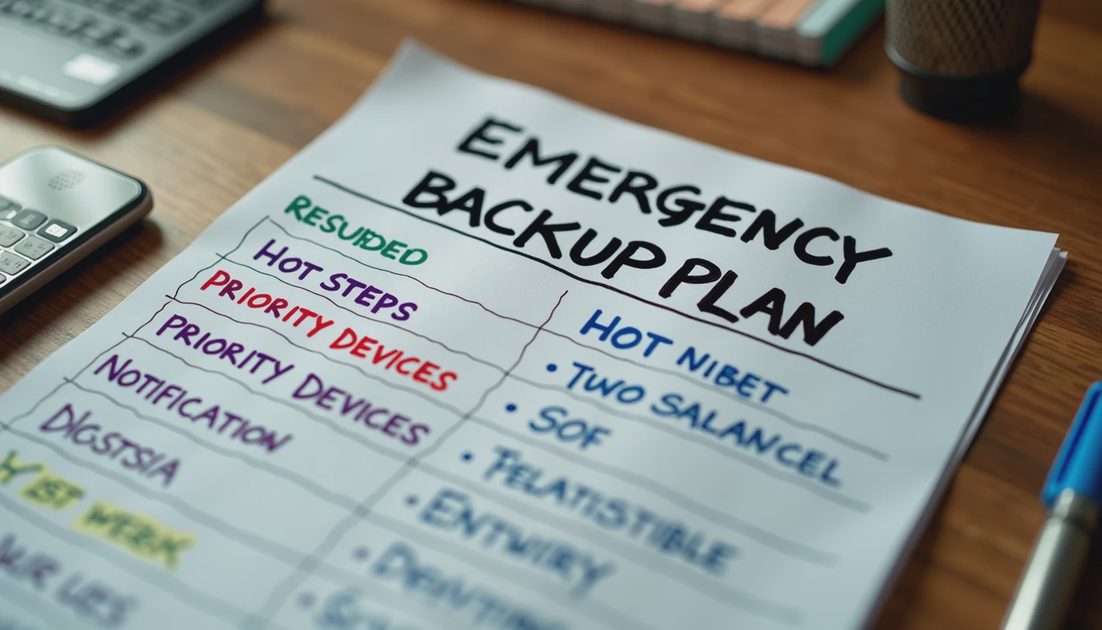 One-page handwritten backup plan for internet power and devices
